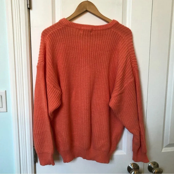 Vintage Heart Beat  Chunky Neon Orange V-Neck Sweater - Picture 4 of 6